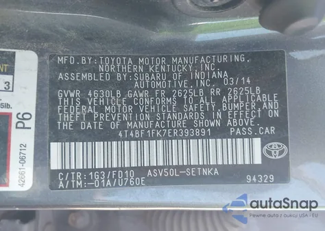 2014 Toyota Camry Le z USA, uszkodzony, nr VIN 4T4BF1FK7ER393891